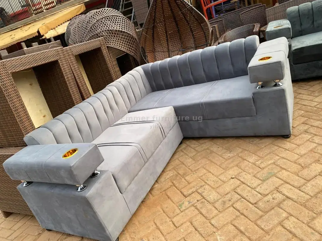 Stylish Gray L-Shaped Sofa with Built-in Cupholders for sale in Kampala - Yilick